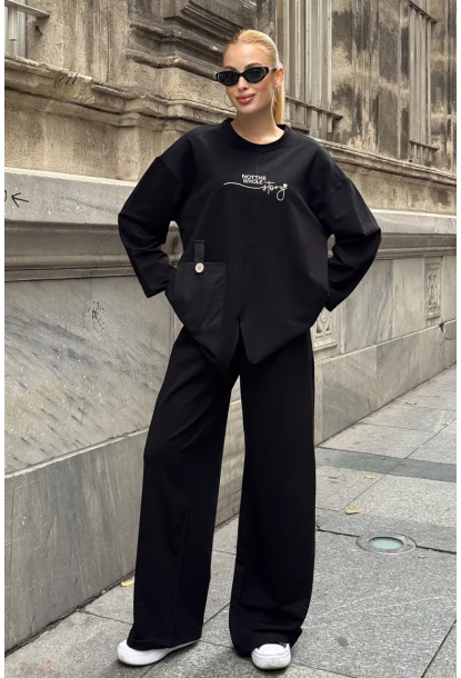 Siyah Cep Detay 2 İplik Kumaş Bluz ve Pantalon Alt Üst Takım