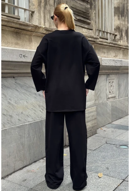 Siyah Cep Detay 2 İplik Kumaş Bluz ve Pantalon Alt Üst Takım