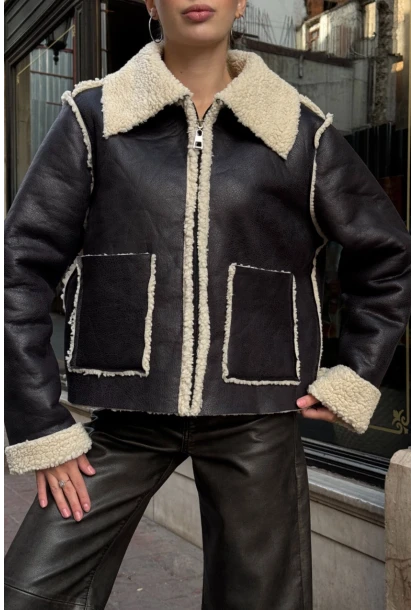 Siyah Çift Cepli İçi Suni Kürklü Biker Mont