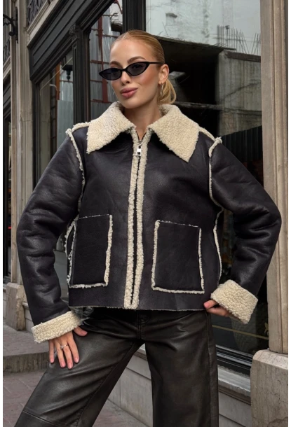 Siyah Çift Cepli İçi Suni Kürklü Biker Mont