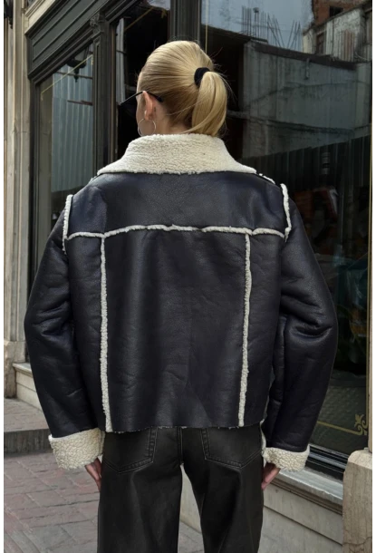 Siyah Çift Cepli İçi Suni Kürklü Biker Mont