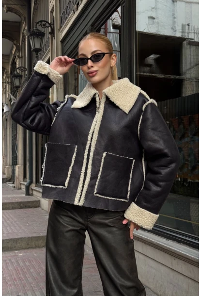Siyah Çift Cepli İçi Suni Kürklü Biker Mont