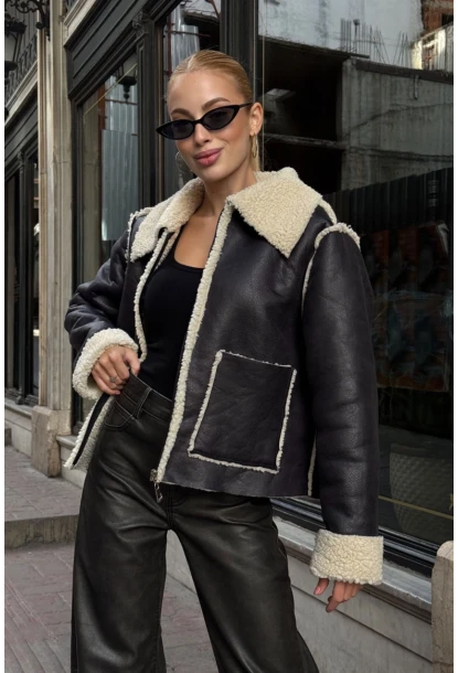 Siyah Çift Cepli İçi Suni Kürklü Biker Mont