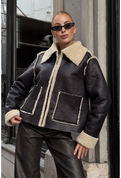 Siyah Çift Cepli İçi Suni Kürklü Biker Mont