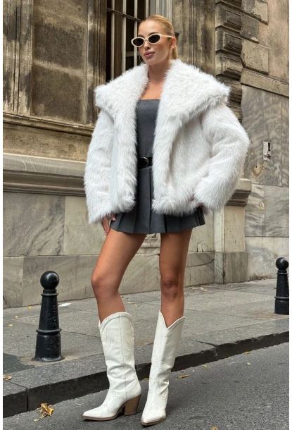 Suni Kürk Premium Peluş Ceket Ekru