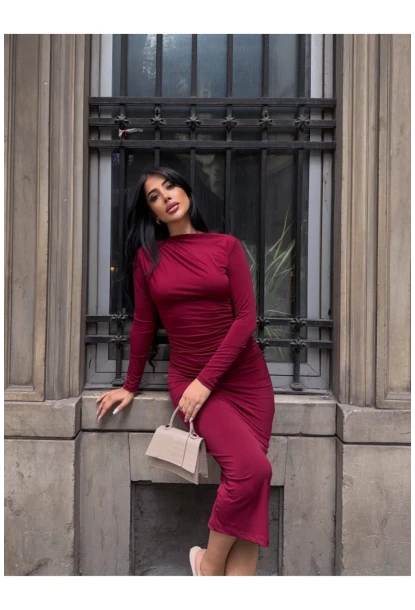 Yaka Detay Sandy Kumaş Elbise Bordo