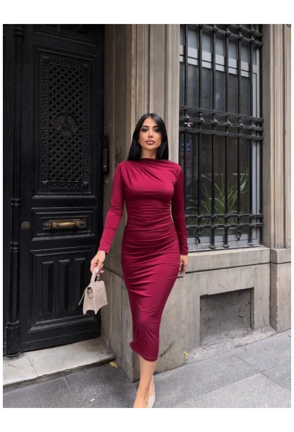Yaka Detay Sandy Kumaş Elbise Bordo