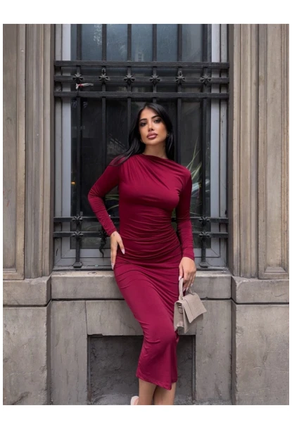 Yaka Detay Sandy Kumaş Elbise Bordo