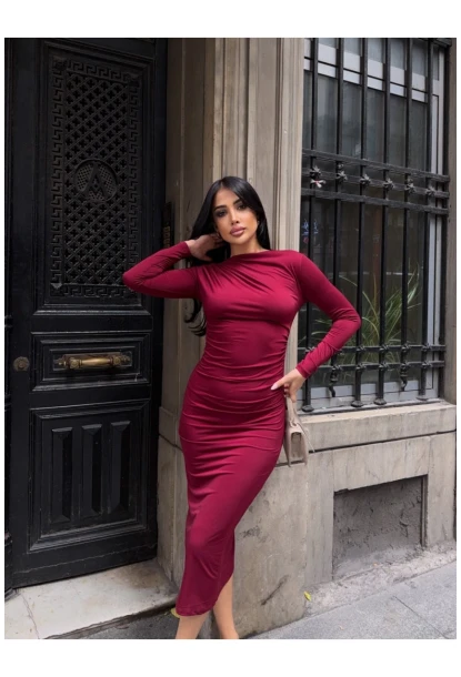 Yaka Detay Sandy Kumaş Elbise Bordo