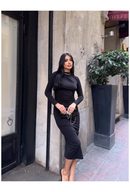 Yaka Detay Sandy Kumaş Elbise Siyah