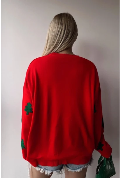 Yılbaşı Özel Çam Ağacı Nakışlı Kırmızı Triko Kazak