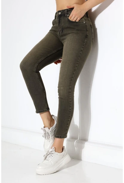 Yüksek Bel Dar Paça Yıkamalı Kadın Jean Haki