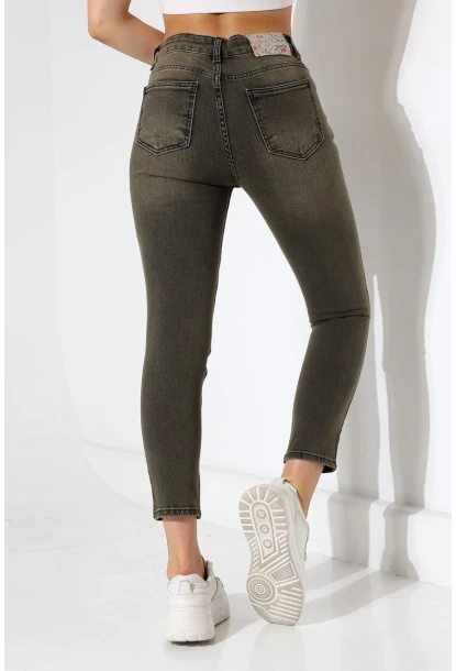 Yüksek Bel Dar Paça Yıkamalı Kadın Jean Haki
