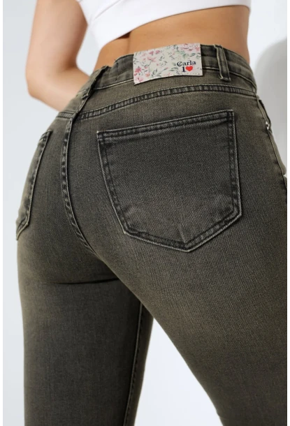 Yüksek Bel Dar Paça Yıkamalı Kadın Jean Haki