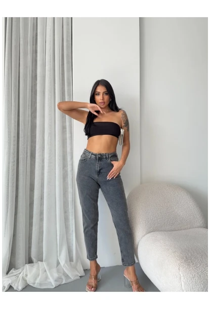 Yüksek Bel Yıkamalı Antrasit Mom Jean