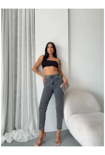 Yüksek Bel Yıkamalı Antrasit Mom Jean