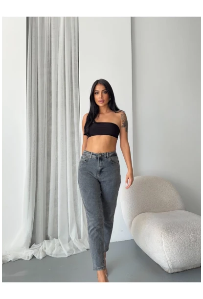 Yüksek Bel Yıkamalı Antrasit Mom Jean