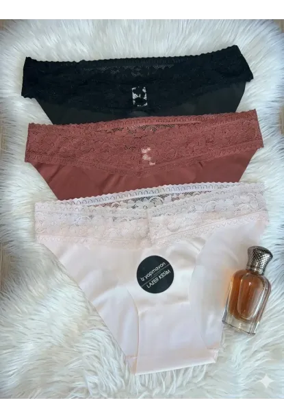 3lü Pamuklu Dantelli Dikişsiz Külot