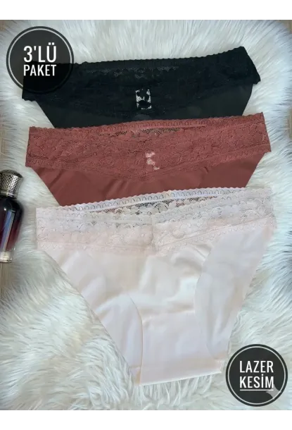 3lü Pamuklu Dantelli Dikişsiz Külot