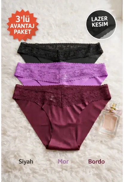3lü Pamuklu Dantelli Dikişsiz Külot Siyah Bordo