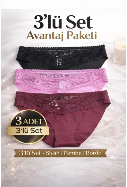 3lü Pamuklu Dantelli Dikişsiz Külot Siyah Bordo