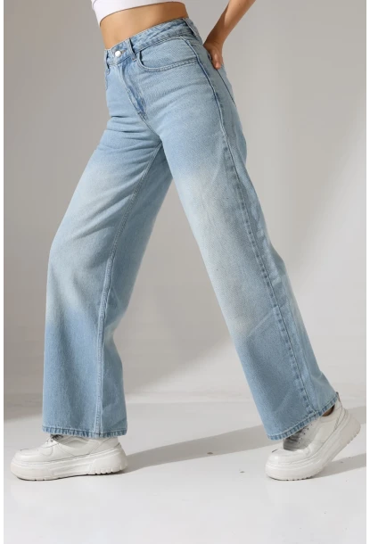 Açık Mavi Yüksek Bel Wide Leg Jean Pantolon
