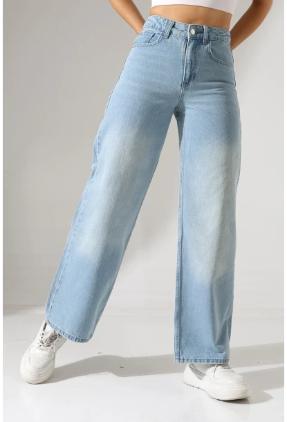 Açık Mavi Yüksek Bel Wide Leg Jean Pantolon