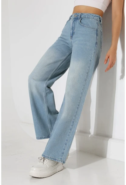 Açık Mavi Yüksek Bel Wide Leg Jean Pantolon