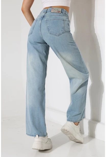 Açık Mavi Yüksek Bel Wide Leg Jean Pantolon