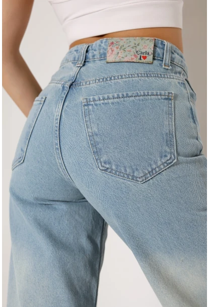 Açık Mavi Yüksek Bel Wide Leg Jean Pantolon