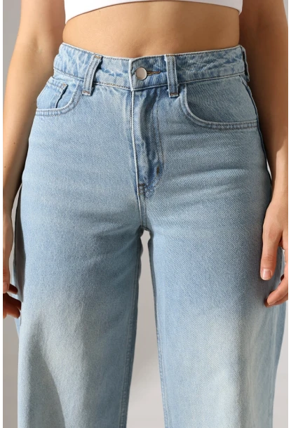 Açık Mavi Yüksek Bel Wide Leg Jean Pantolon