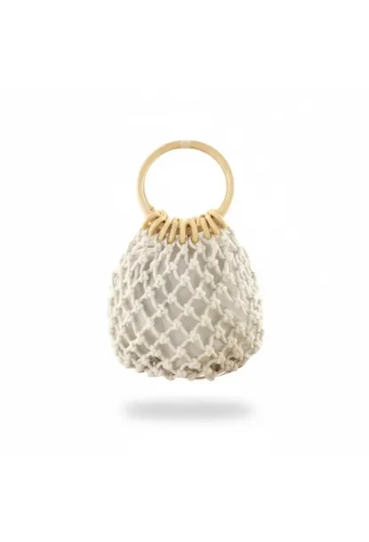 Ahşap Saplı Ekru El Örmesi Çanta