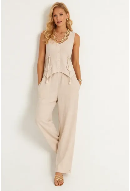 Askılı Yanları Halat Detaylı Gömlek Pantolon Keten Takım