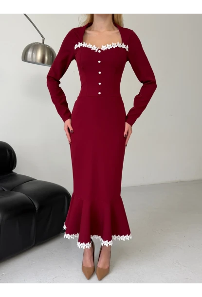 Atlas Kumaş Güpür Dantel Detay Midi Boy Elbise Bordo