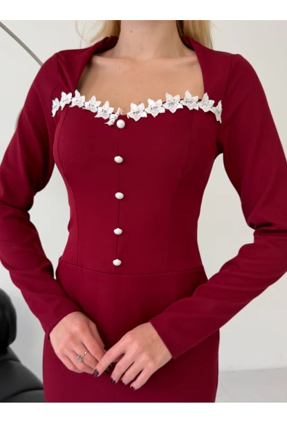 Atlas Kumaş Güpür Dantel Detay Midi Boy Elbise Bordo