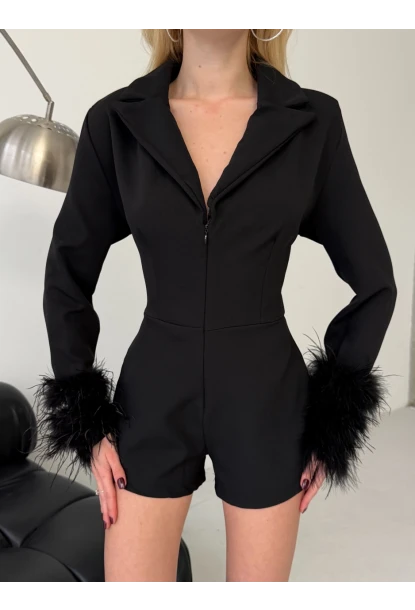 Atlas Kumaş Tüy Detaylı Mini Şort Tulum Siyah