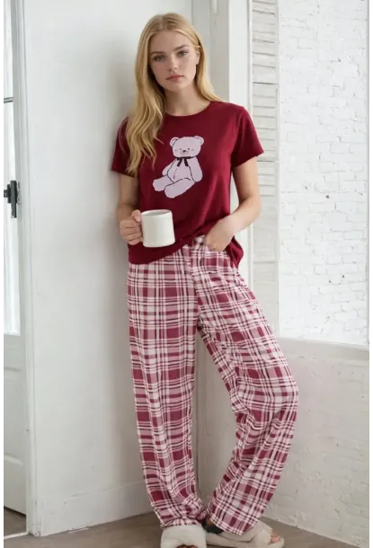 Ayıcık Baskılı Ekose Alt Kadın Pijama Takımı – Bordo Rahat Seri