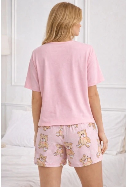 Ayıcık Baskılı Şortlu Kadın Pijama Takımı Pembe