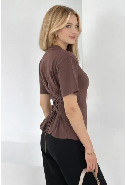 Bağlama Detaylı Kısa Kollu Tişört Kahverengi