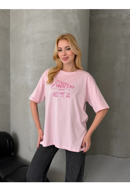 Baskılı Oversize Kadın Tişört Pembe