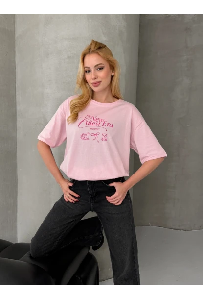 Baskılı Oversize Kadın Tişört Pembe