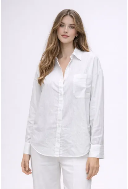 Beyaz Çizgili Jakar Kumaş Oversize Gömlek