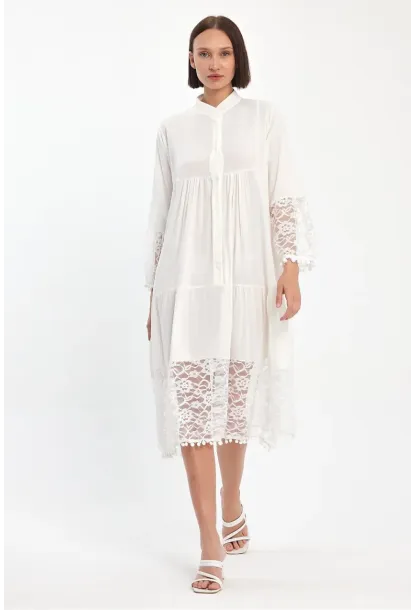 Beyaz Hakim Yaka Düğmeli Tül Detaylı Viskon Elbise