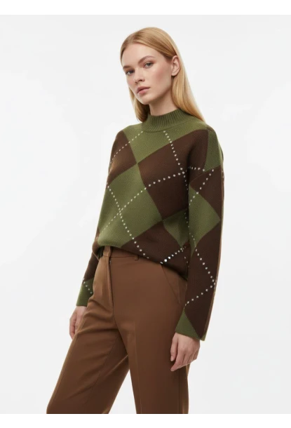 Bisiklet Yaka Baklava Desenli Triko Kazak