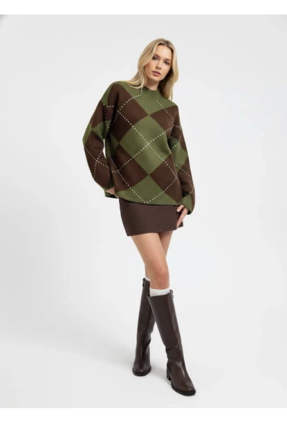 Bisiklet Yaka Baklava Desenli Triko Kazak