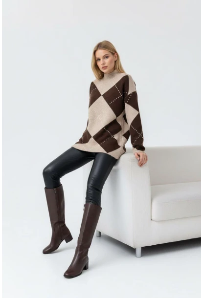 Bisiklet Yaka Baklava Desenli Triko Kazak