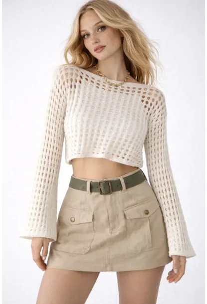 Bohem Beyaz Dantel Crop Bluz – Uzun Kollu Bol Kesim