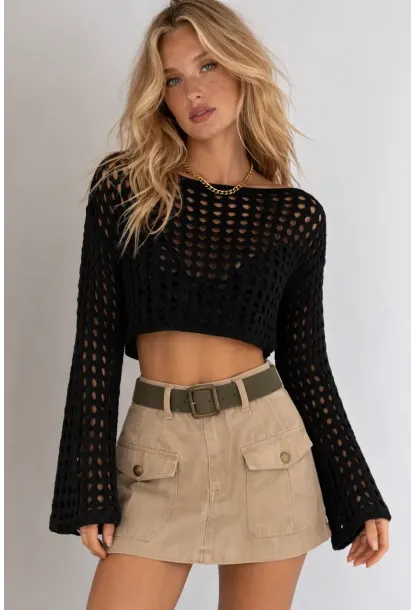 Bohem Siyah Dantel Crop Bluz – Uzun Kollu Bol Kesim