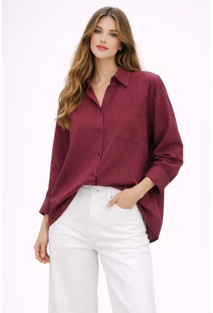 Bordo Çizgili Jakar Kumaş Oversize Gömlek