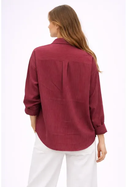 Bordo Çizgili Jakar Kumaş Oversize Gömlek